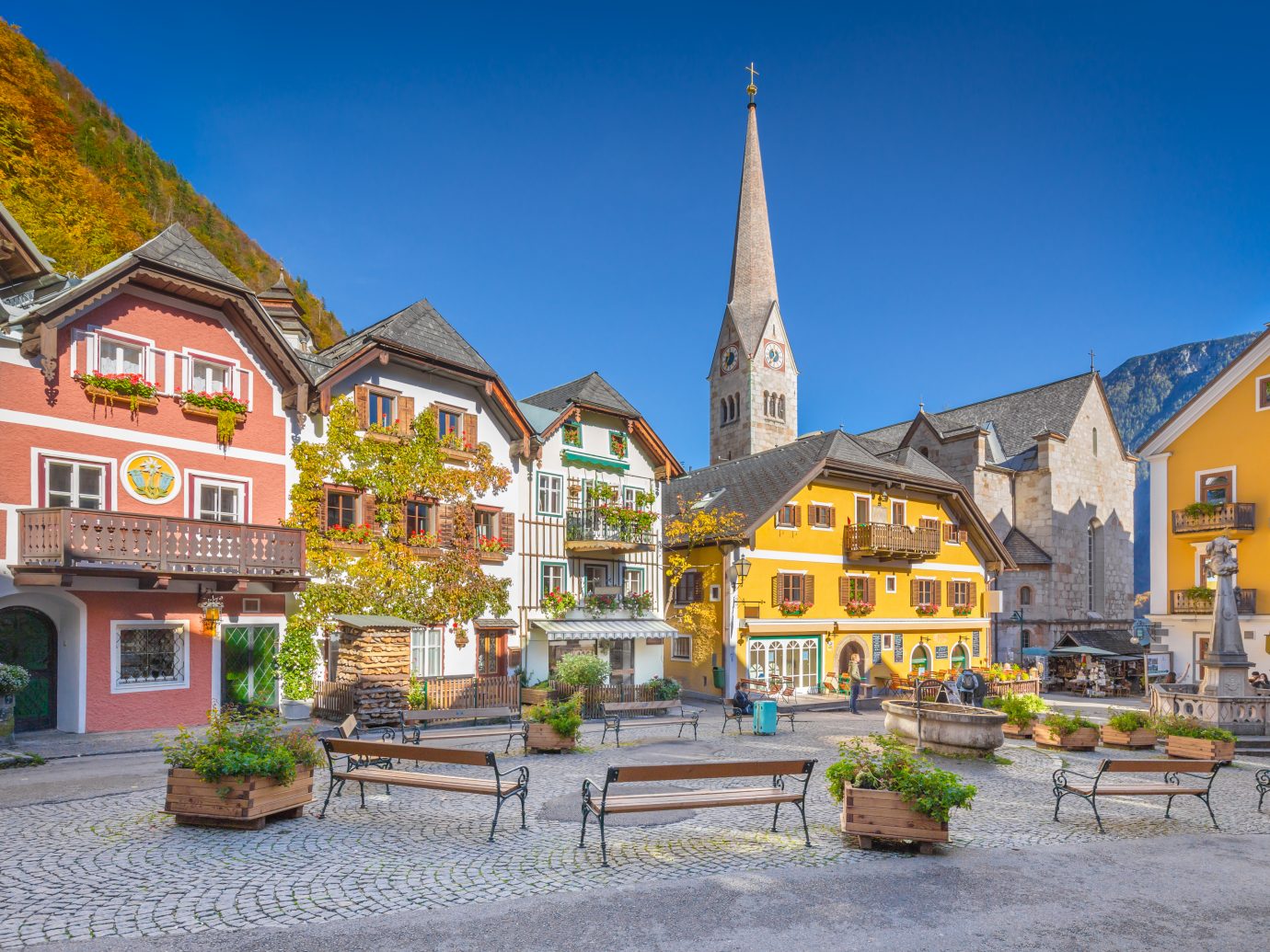view of the historic town square of Hallstatt Austria