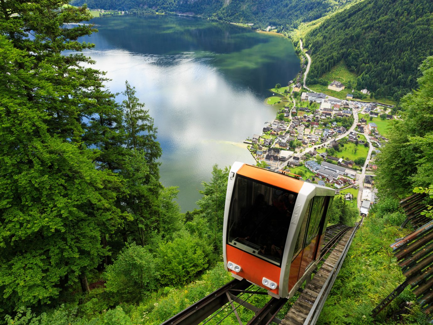 A cable car taking visitors up to Salzwelten mine in Hallstatt