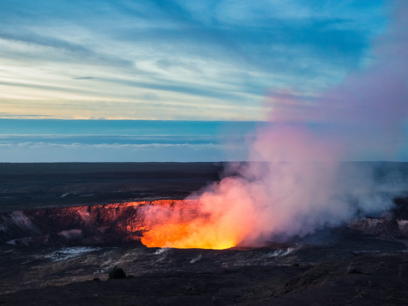Fire and steam erupting from Kilauea Crater in Hawaii