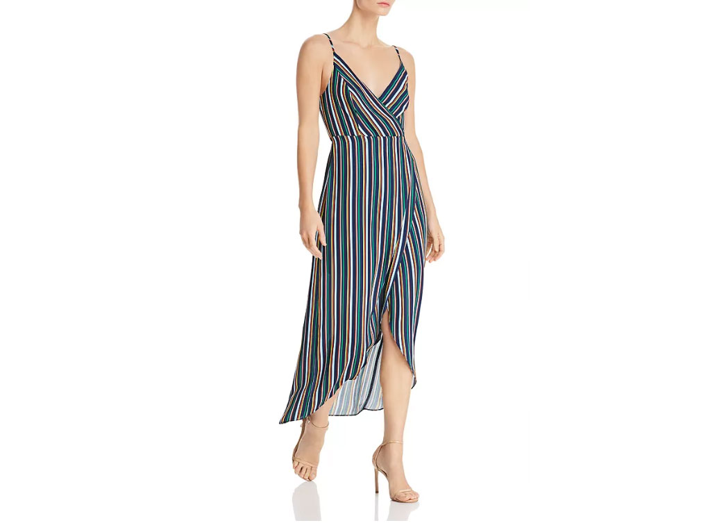 AQUA High/Low Striped Faux-Wrap Dress