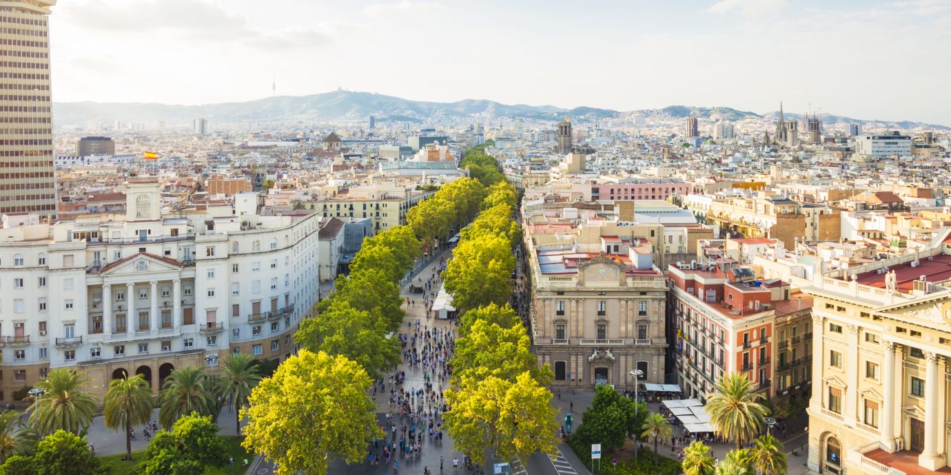 Cityscape of Barcelona with famous La Rambla