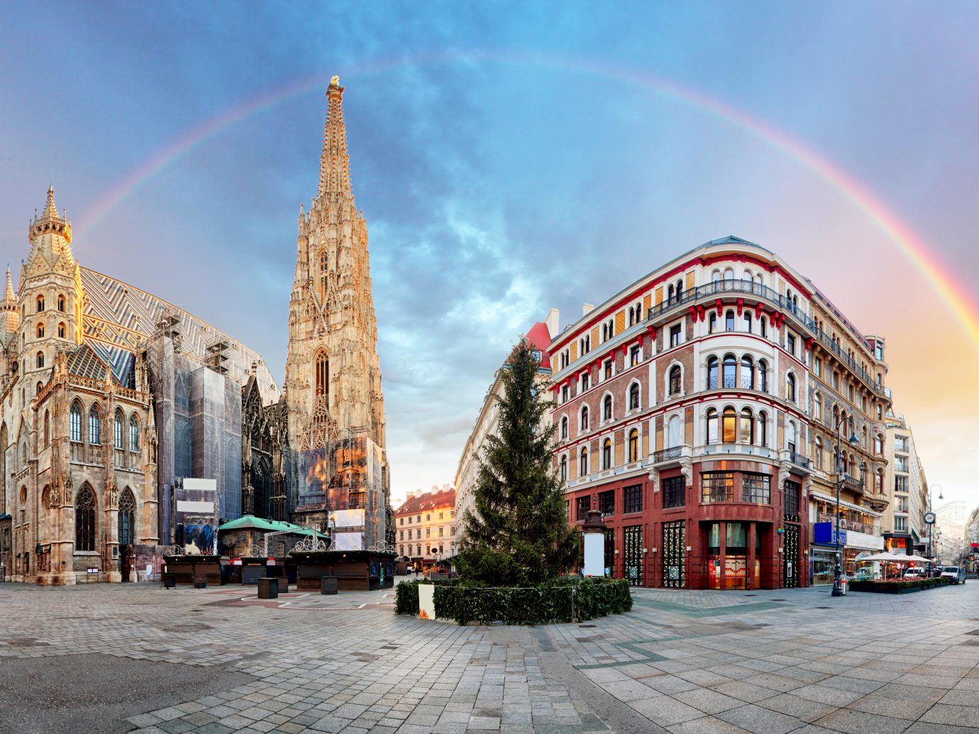 Panorama of Vienna square with rainbow