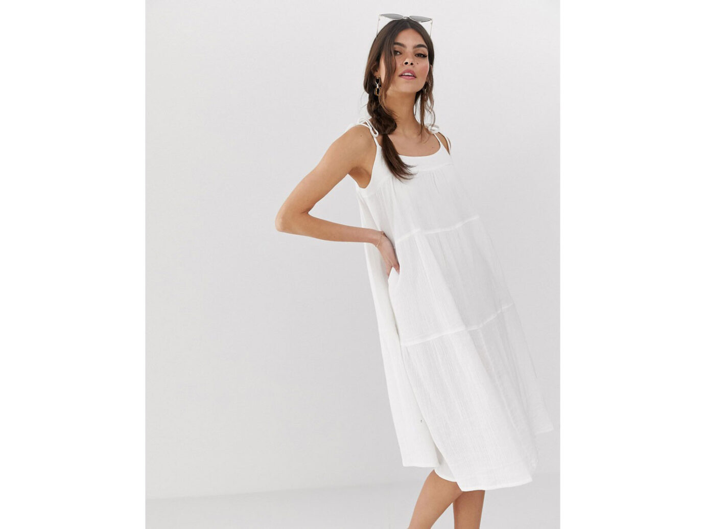 ASOS DESIGN cheesecloth tiered midi sundress with tie straps