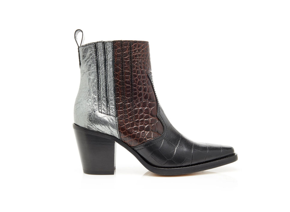 Ganni Paneled Croc-Effect Leather Ankle Boots