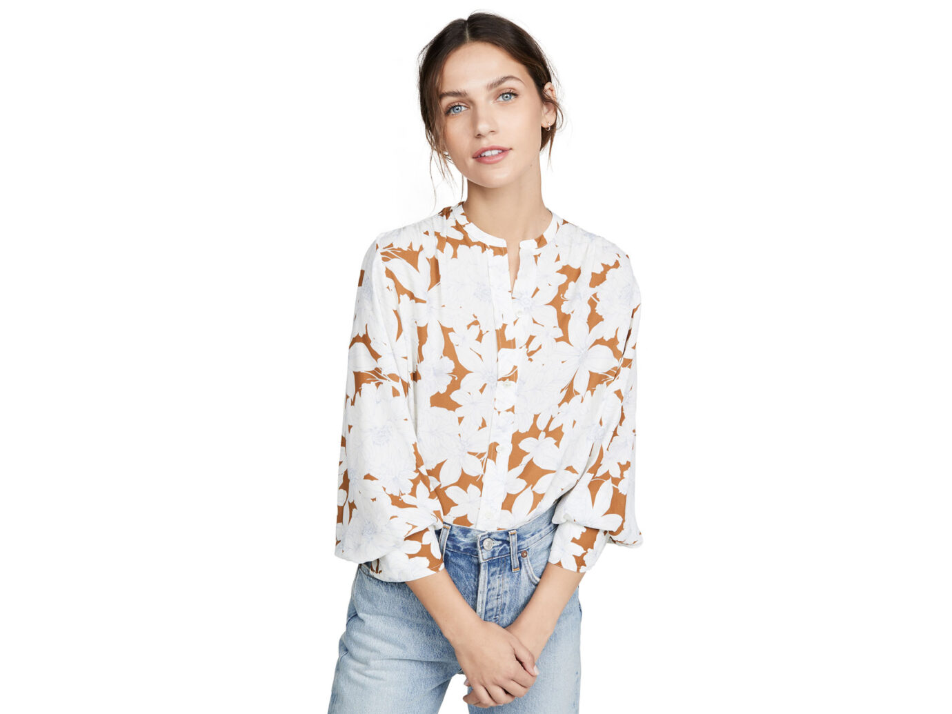 Vince Tropical Blooms Shirred Blouse