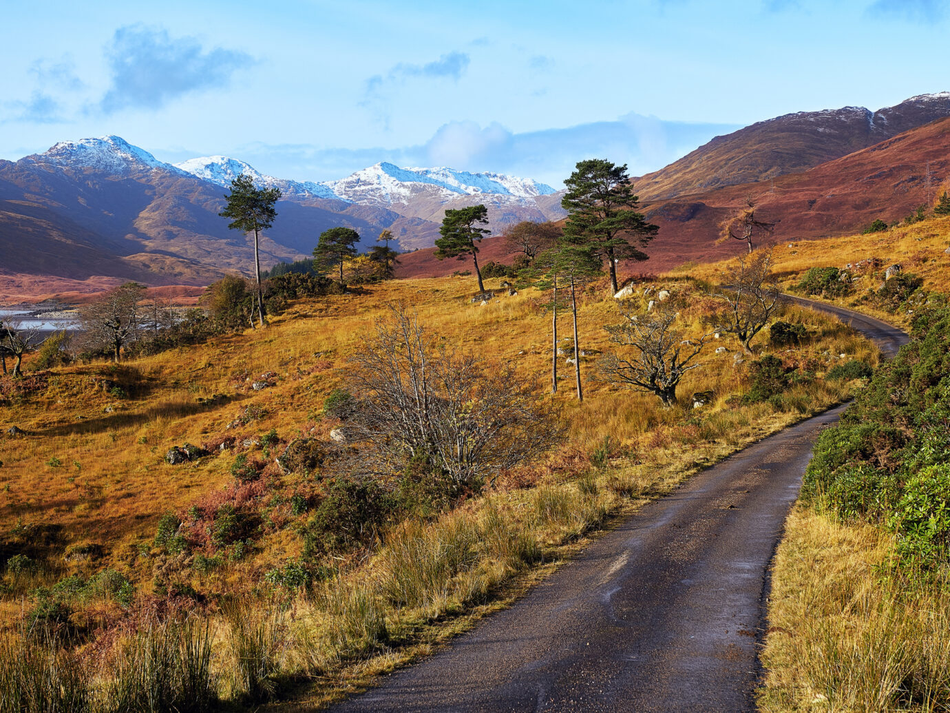 Loch Quoich in the Western Highlands of Scotland with its autumn colour and first snows.