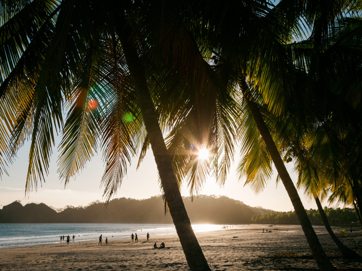 Moody sunset at beautiful natural beach Playa Islita surrounded with Palm Trees. Warm sun shining through the palm tree leaves. Moody natural lens flares. Unrecognizable backlit people silhouettes on the beach. Punta Islita, Guanacaste, Costa Rica, Central America.