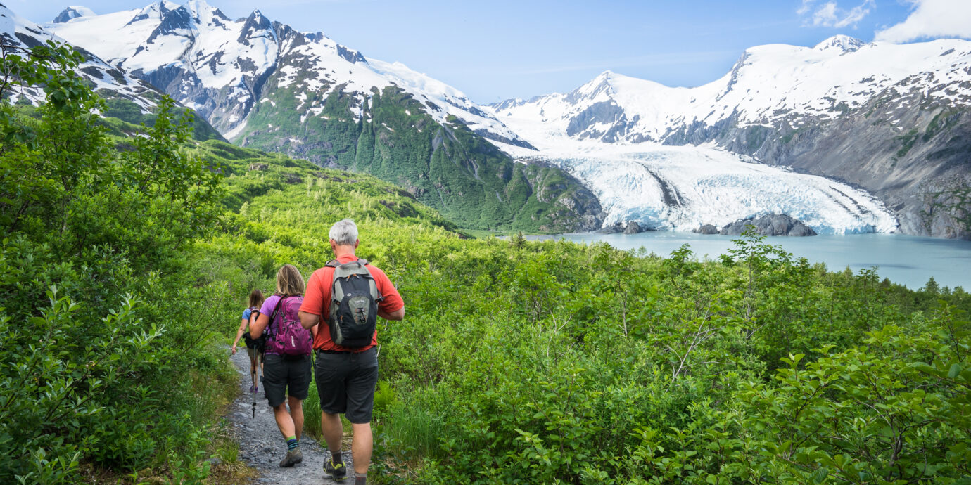 hikers descending Portage Pass in Anchorage Alaska