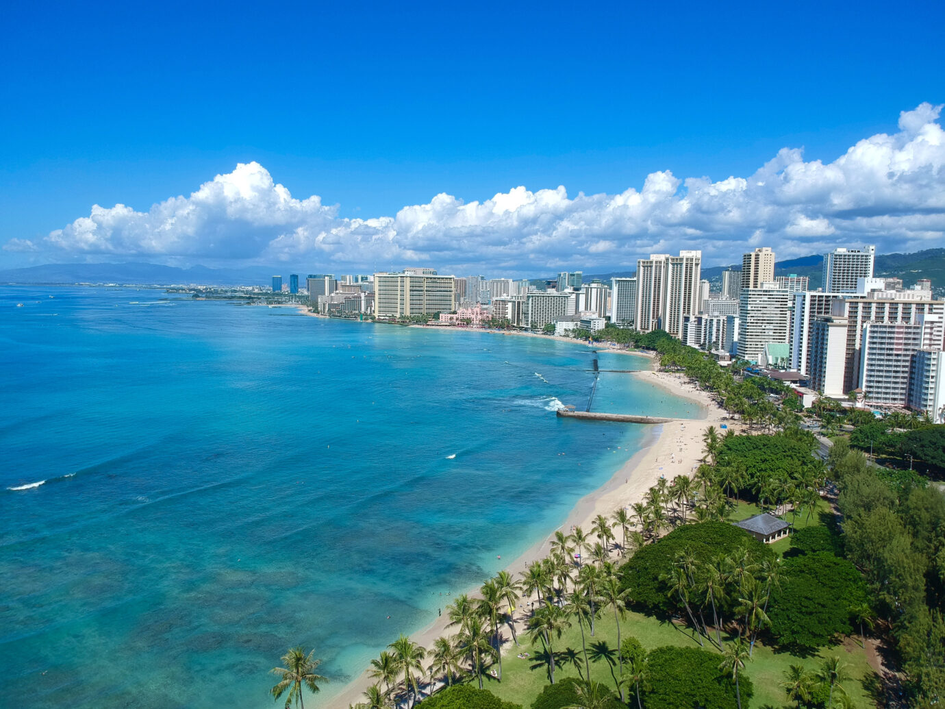 Panoramic aerial view of Waikiki beach Honolulu Hawaii by drone